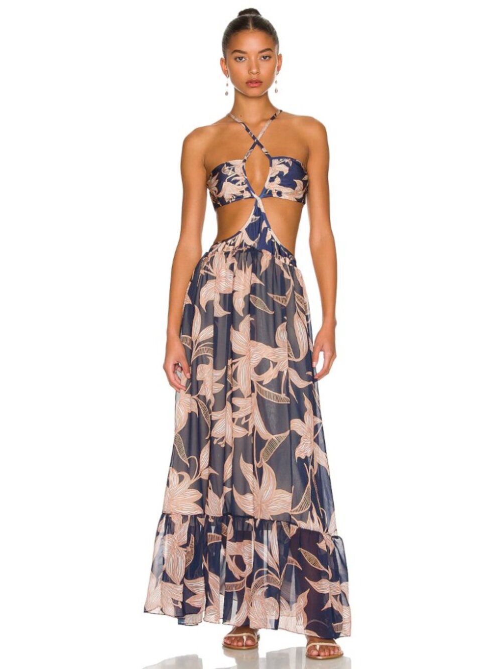 PATBO Stargazer Cross Front Beach Dress Navy Floral Cut Out Backless Halter Sz M